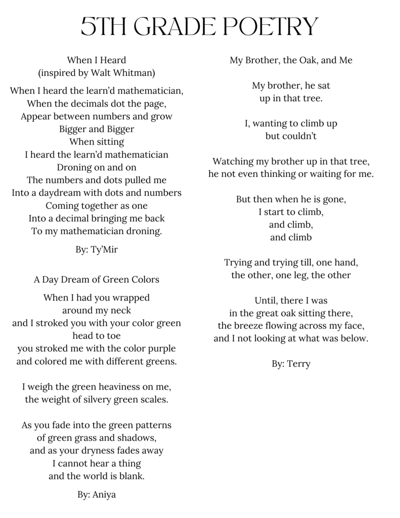 Poems written by three 5th grade students at Harding.