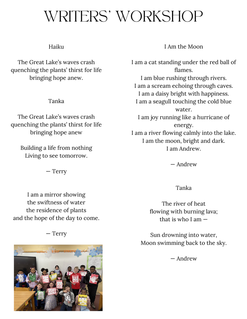 Poems written by students in the Writers' Workshop program at Harding. Photo of students holding art projects in the library.