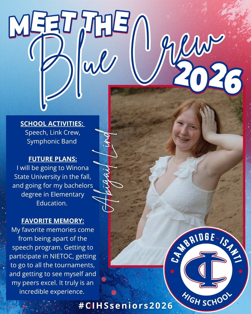 Cambridge-Isanti High School senior spotlight featuring Abigail Lind, Class of 2026, with student photo and highlights. 