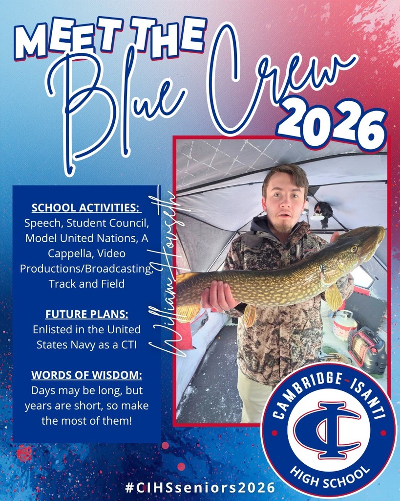 Cambridge-Isanti High School senior spotlight featuring William Hovseth, Class of 2026, with student photo and highlights.