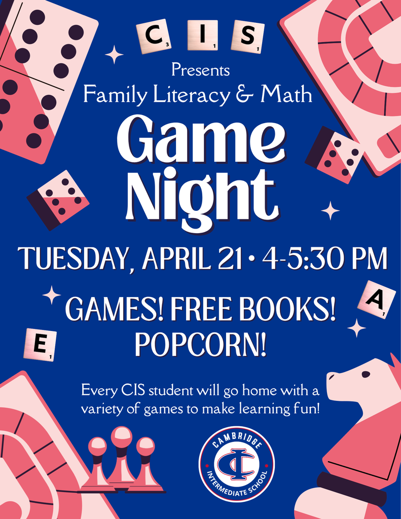 CIS flyer promoting Family Literacy and Math Game Night on Tuesday, April 21 from 4–5:30 PM, featuring games, free books, and popcorn.