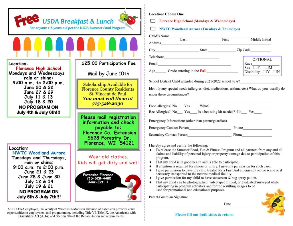 2022 Food, Fun and Fitness Registration Form call 7155284480 ext 1 for more info.
