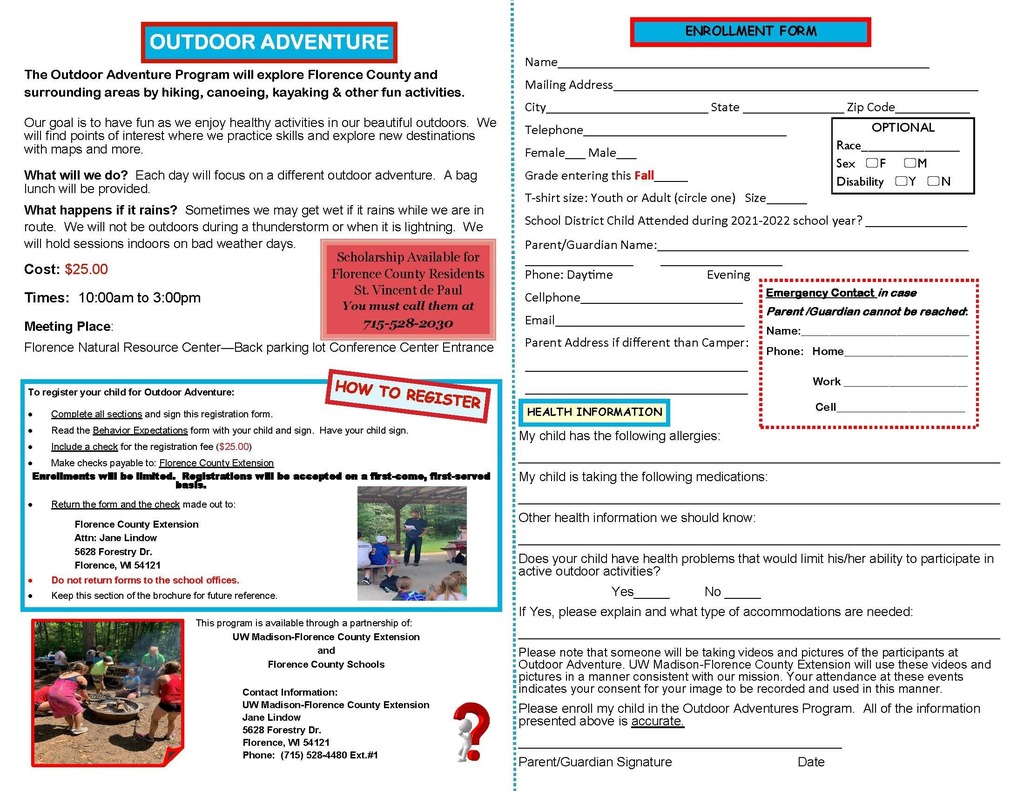 2022 Outdoor Adventure Registration Form call 7155284480 ext 1 for more info.
