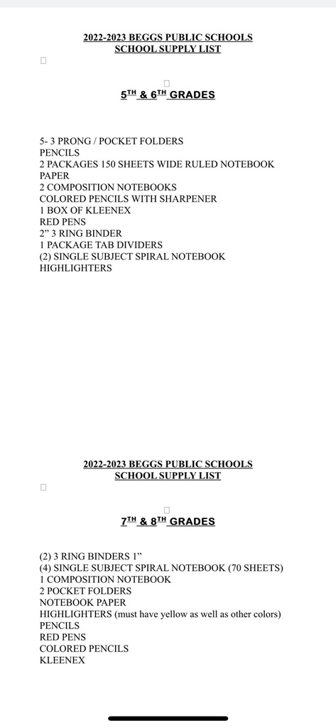 middle school supply lists