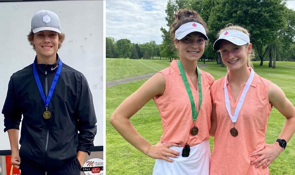 State bound varsity golfers Kaiden Brovold, Audra and Adrianna Bixby