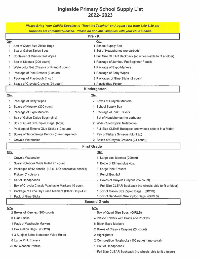 22-23 School Supply List