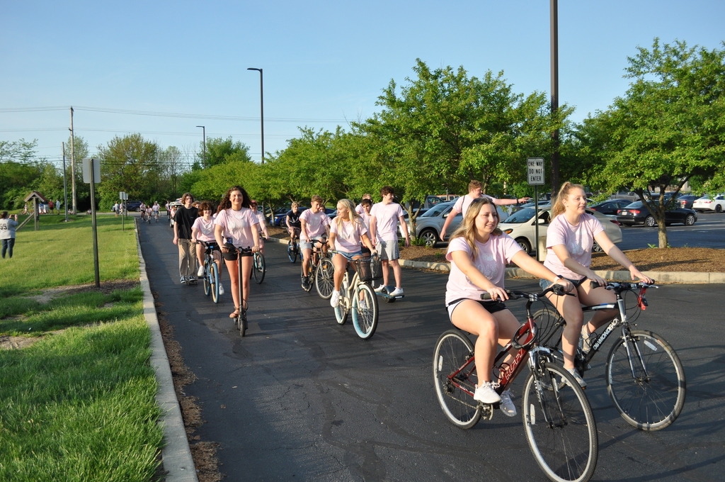 Students biking to school.