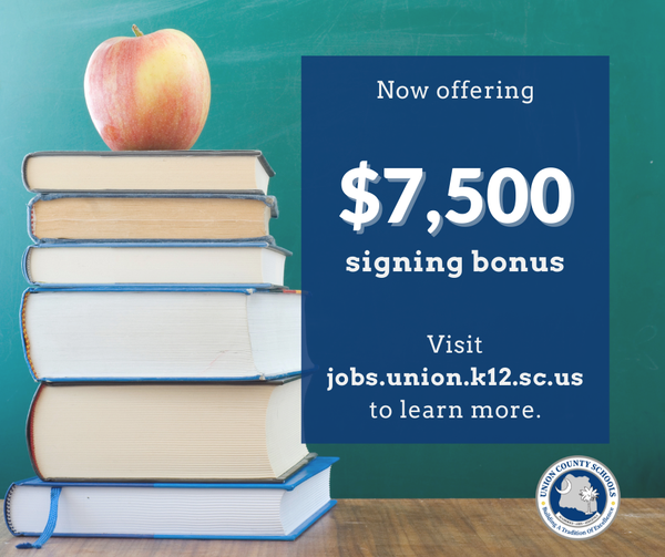 stack of books with an apple on top and a message saying now offering 7500 signing bonus