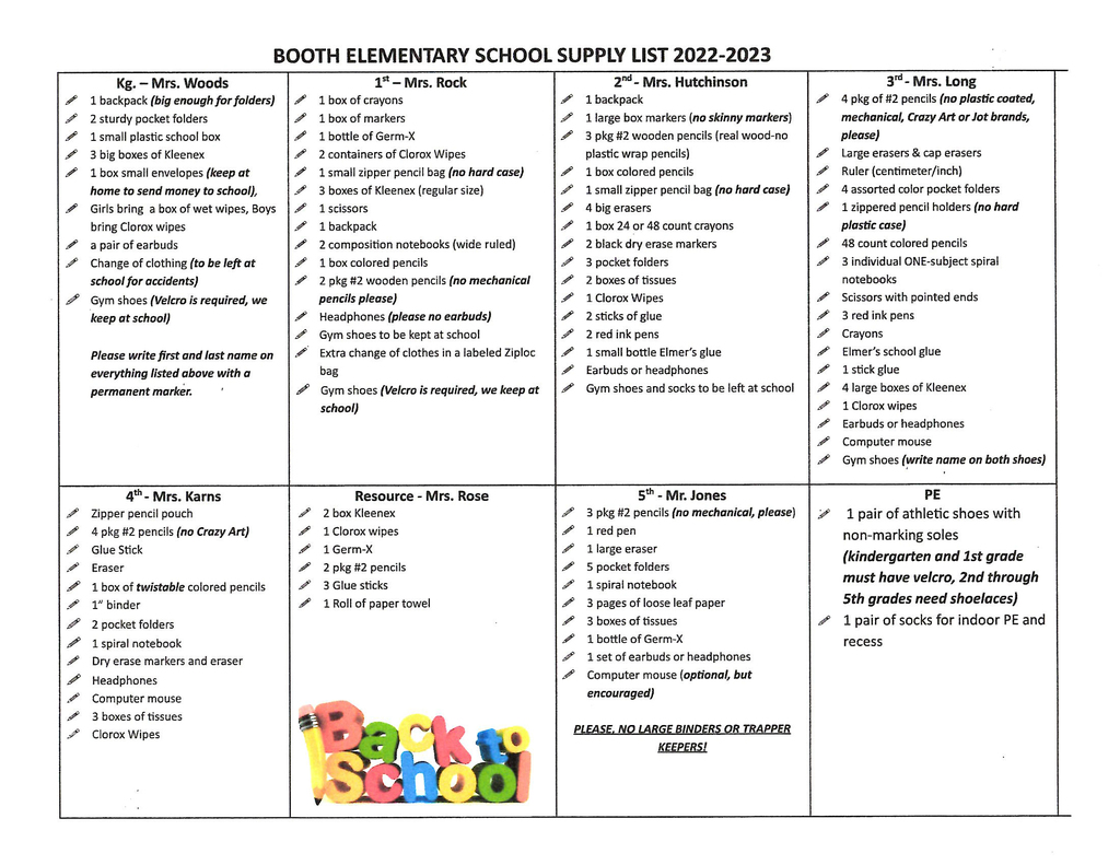 Classroom Supply List