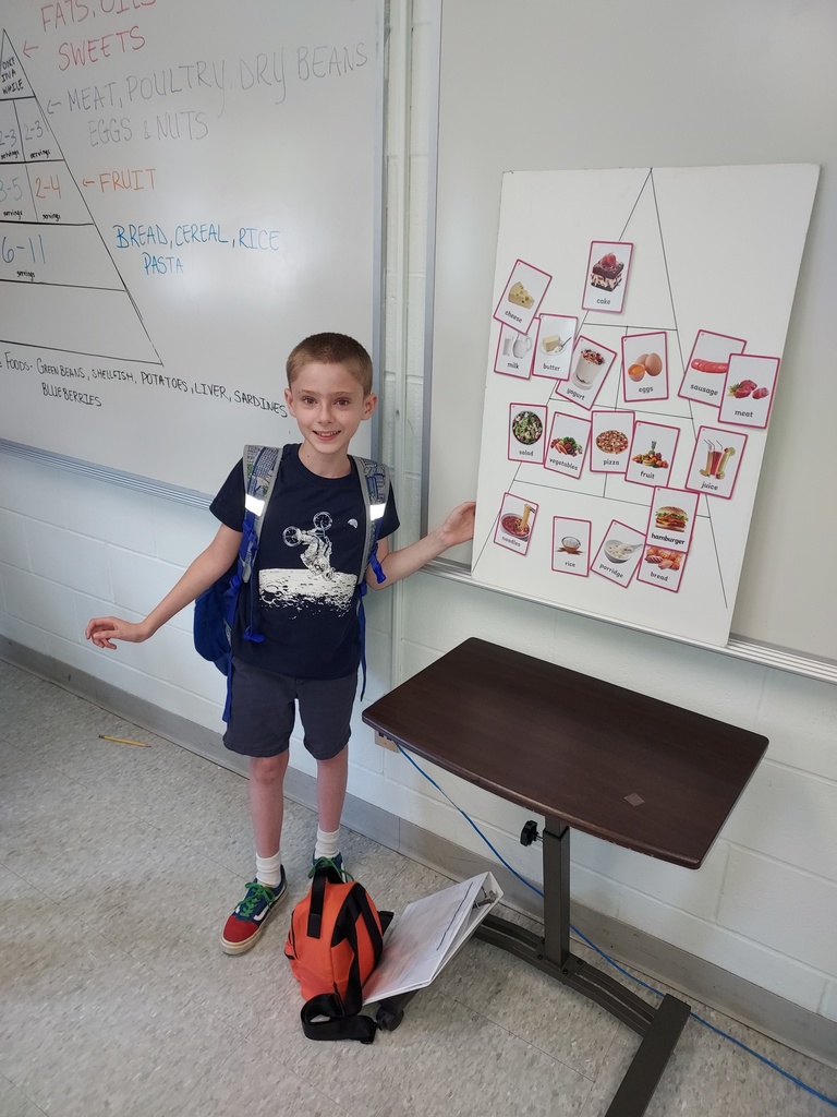 student standing with food pyramid display