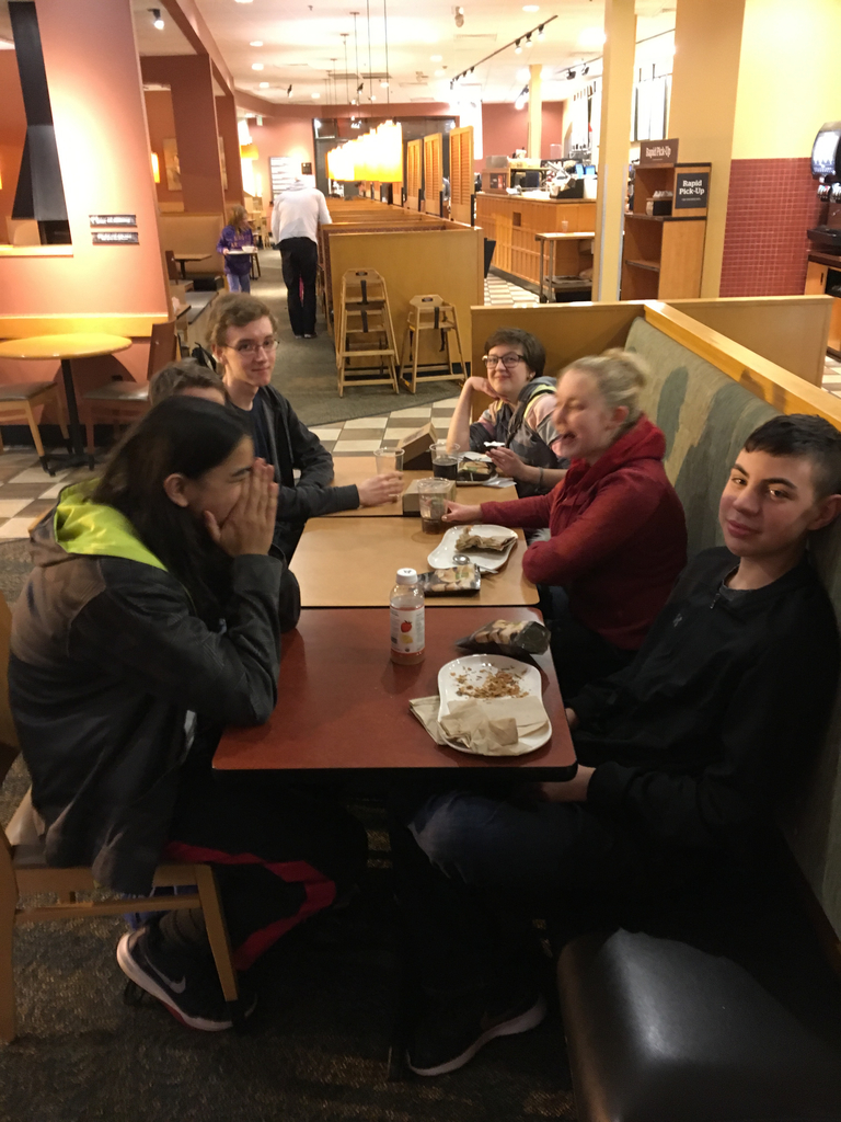 Mid-Prairie Mathletes enjoying food and laughs after a competition at Regina on Saturday