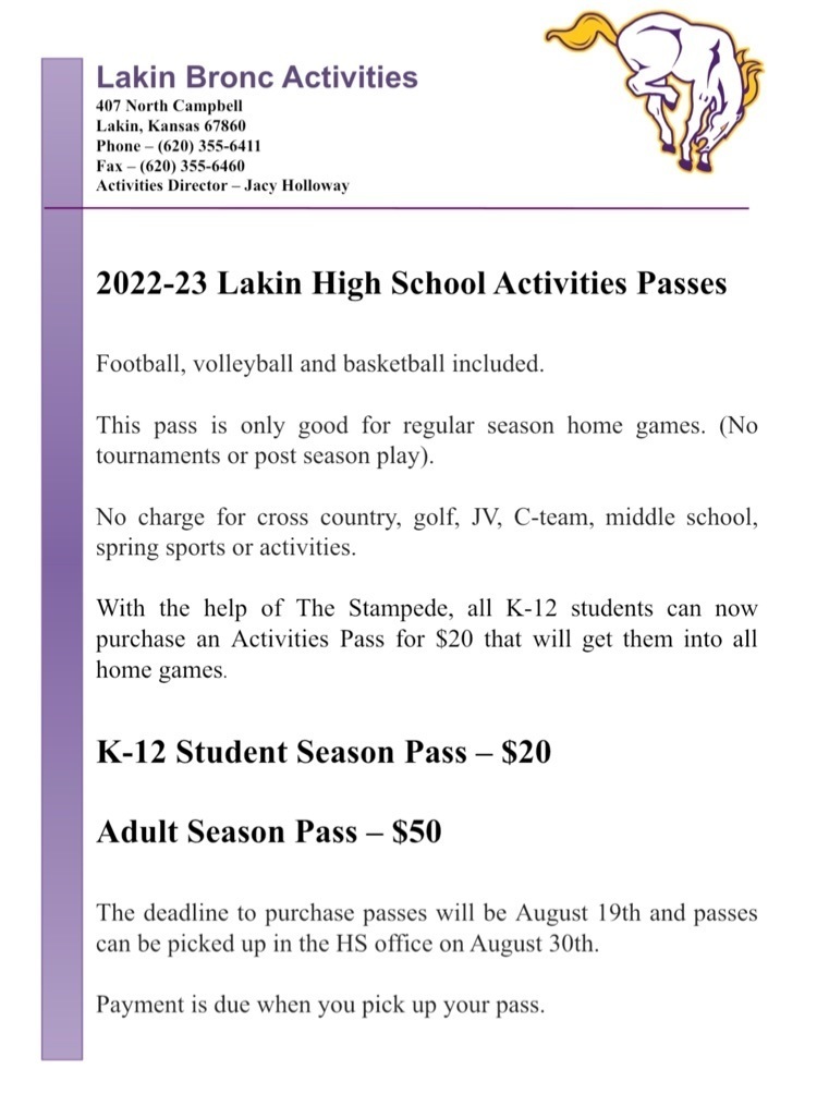 2022-23 Lakin High School Activities Passes
