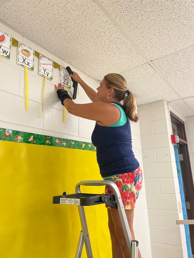 teacher hanging up bulletin board 