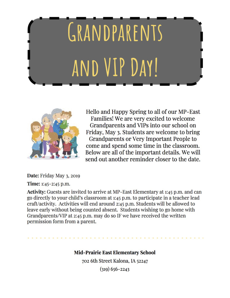 Attention Grandparents & VIP’s! Save the date! MP East Elementary is hosting their Grandparents/VIP Day on Friday, May 3 from 1:45-2:45pm in Kalona. We hope to see you there! ❤️😊#mphawks