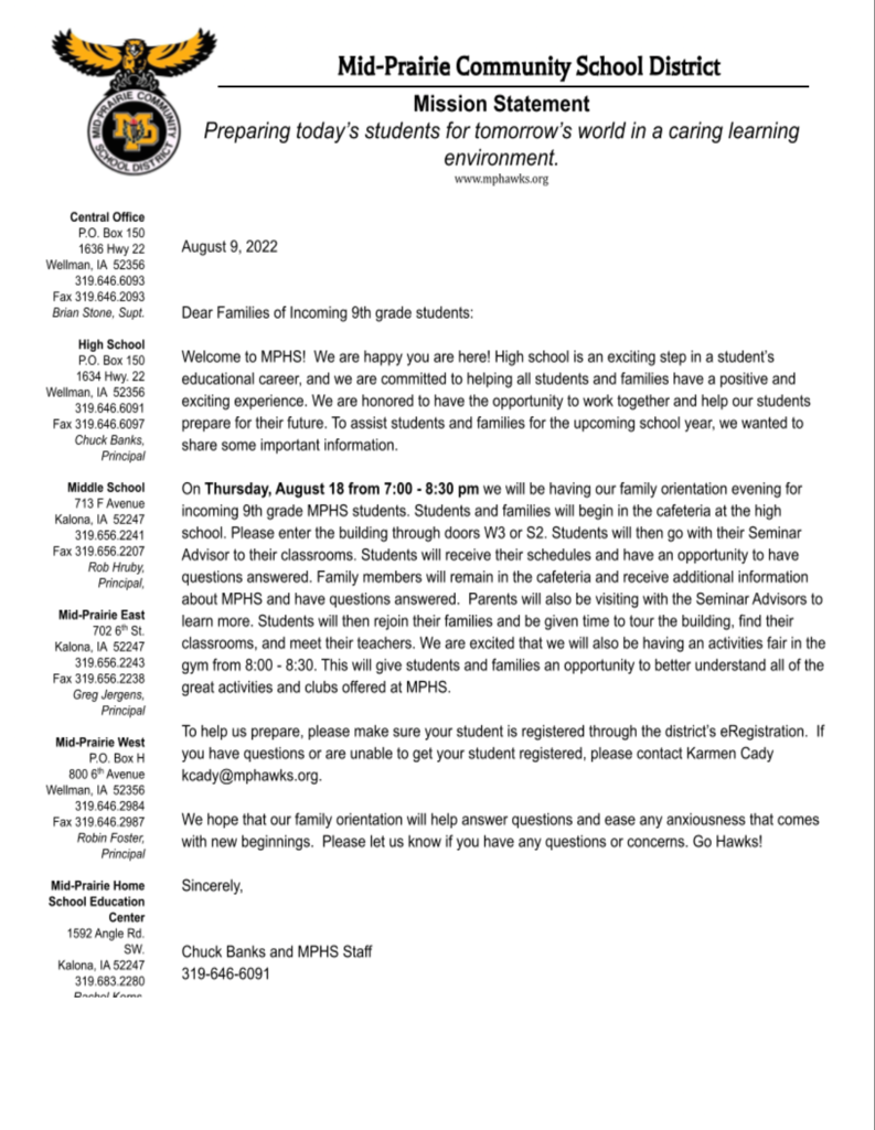 9th grade orientation letter