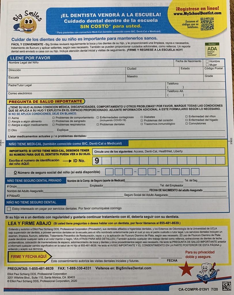 Image of permission slip for Big Smiles in Spanish
