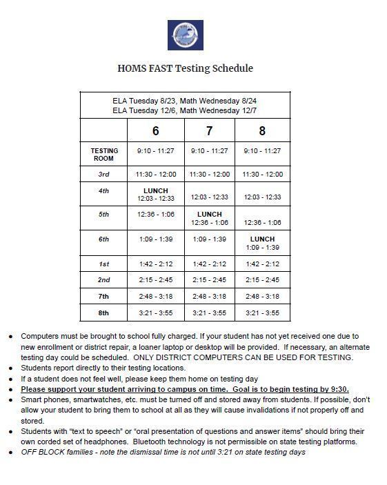 HOMS Fall 2022 FAST Bell Schedule .  First testing day is Tuesday August 23