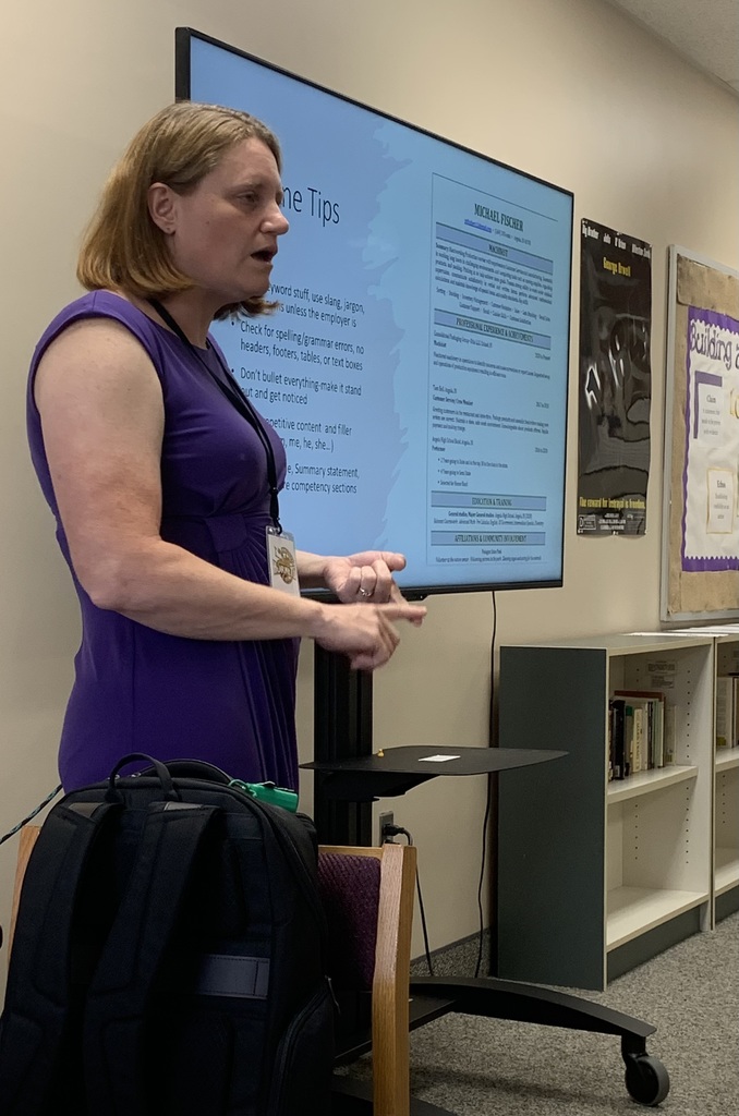 Dawn Fischer at iHire speaking to AHS English 12 classes .