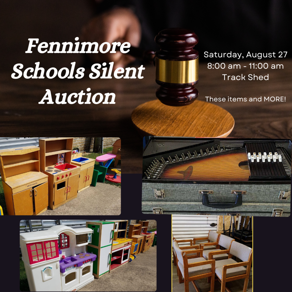 hand slams a gavel down, images of toddler kitchen play buildings, cushioned chairs, and a stringed musical instrument. *Text Fennimore Schools Silent Auction Saturday, August 27 8:00 am - 11:00 am Track Shed These items and MORE!
