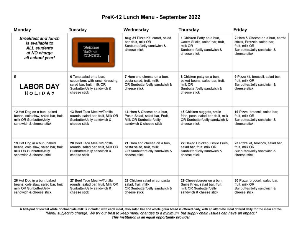 September Lunch Menu
