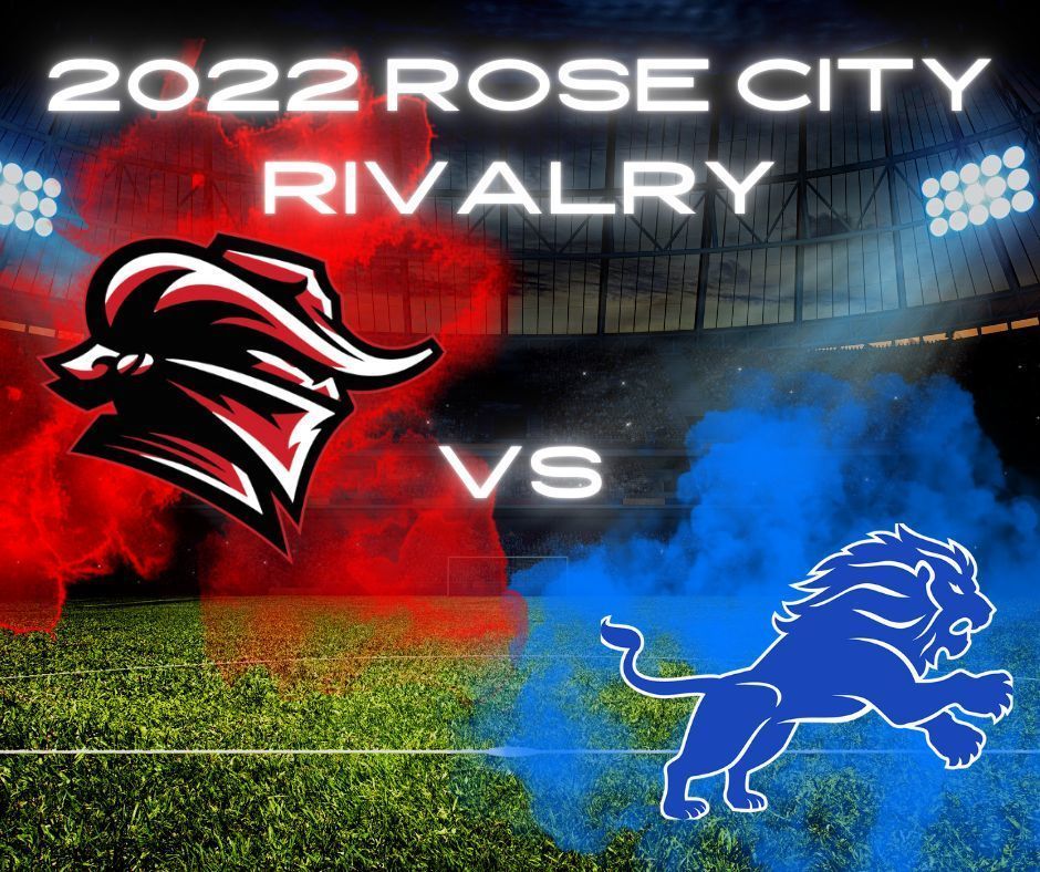 2022 Rose City Rivalry Red Raider logo vs Tyler High Lion Logo