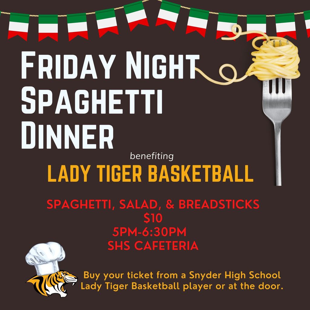 friday night spaghetti dinner graphic. pasta twirled on fork with italian theme