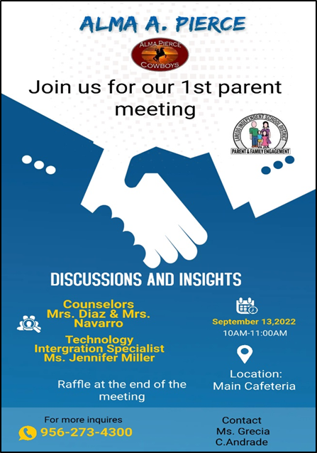 Join us for our first Parent Meeting tomorrow on Tuesday, Sep. 13, 2022, from 10:00am - 11:00am. Raffle will be held at the end of the meeting. Location: Cafeteria.