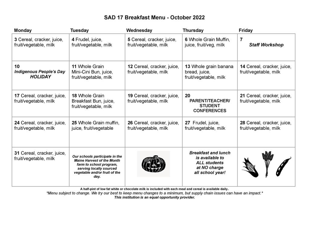October Breakfast Menu