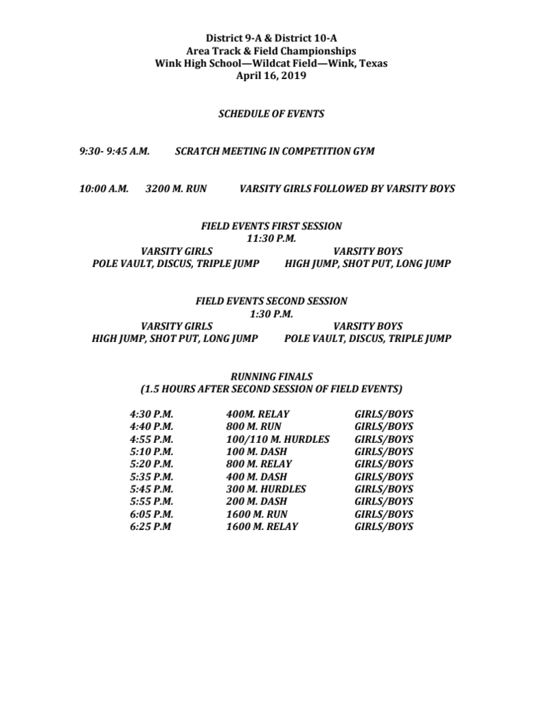Area Track Schedule of Events