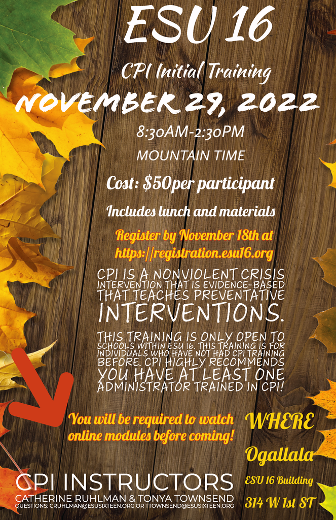 CPI Initial Training November 29th! CPI Refresher March 30th