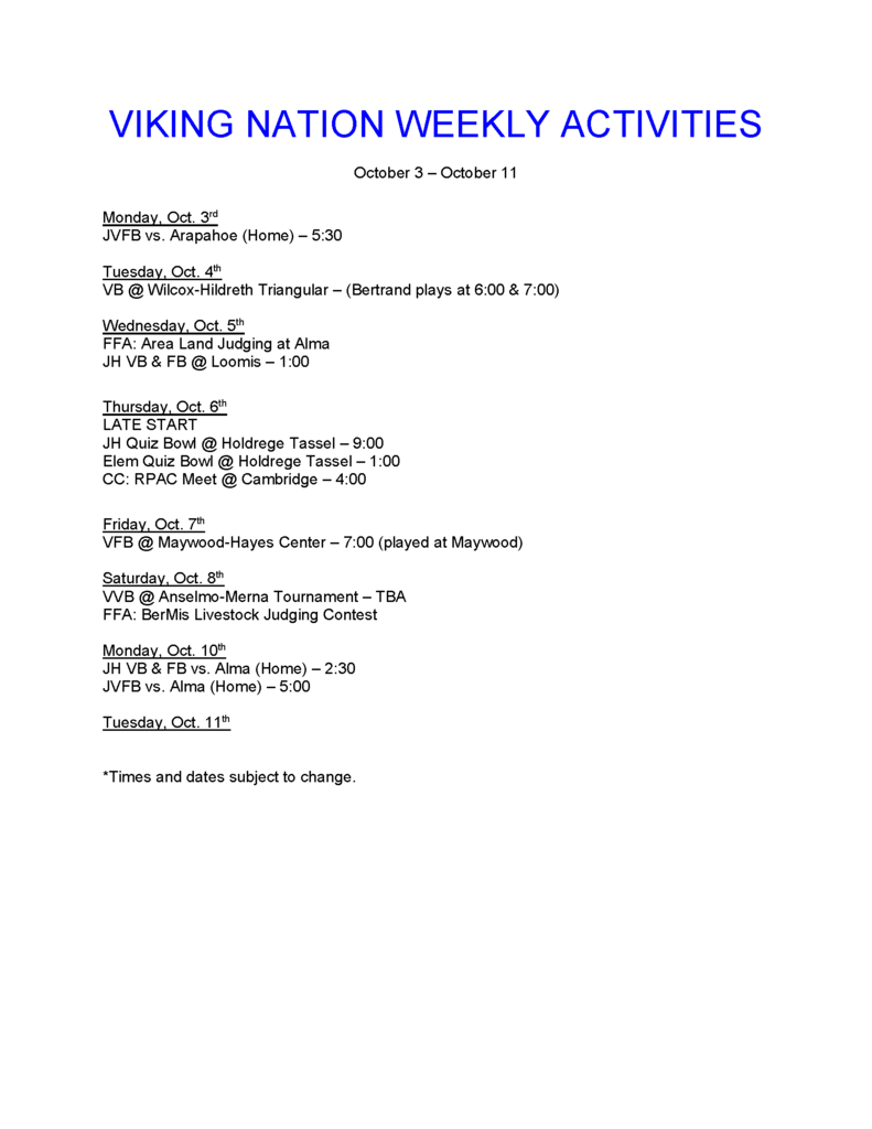 Weekly activities Oct. 3-11