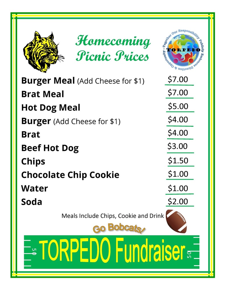 Burger and Brat meals $7, Hot dog meal $5, Burger or Brat $4, Hot Dog $3, Chips $1.50, Cookie or Water $1, Soda $2