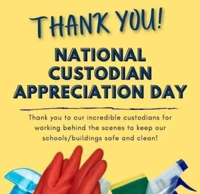 Graphic thanking our custodial staff on national custodian appreciation day. Graphic has a yellow background and a thank you message.  Cleaning supply graphics are at the bottom of the image.