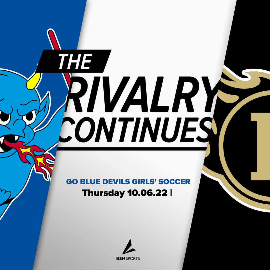 Roscoe logo at left with "The Rivalry Continues Go Blue Devils Girls Soccer, Thursday, 10.06.22! and the Eldred logo at right and the BSN Sports logo at bottom