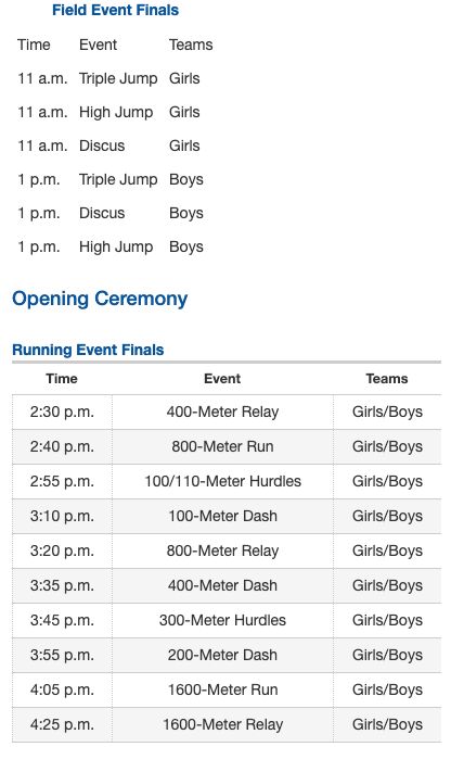 Saturday Regional Track Schedule