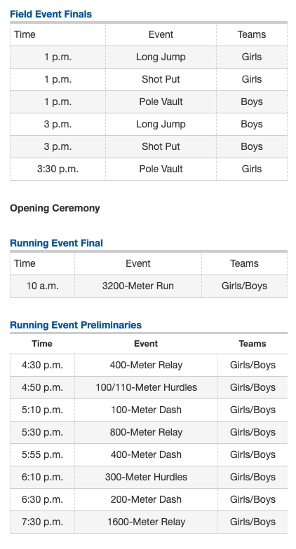 Friday Regional Track Schedule