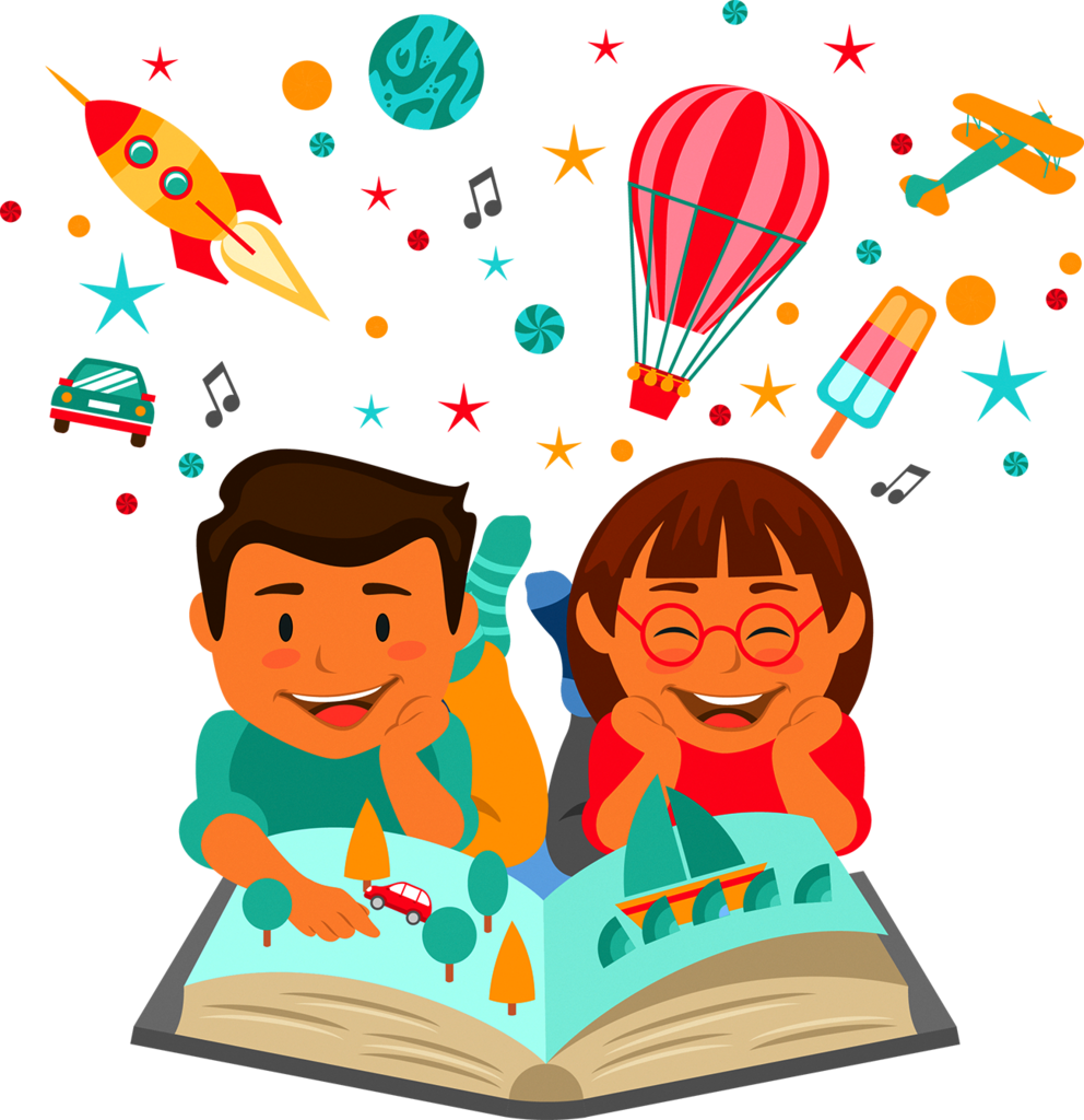 A little boy and a little girl are reading a book with images above their heads of what they are imagining; cars, rocket ships, ice cream, etc.