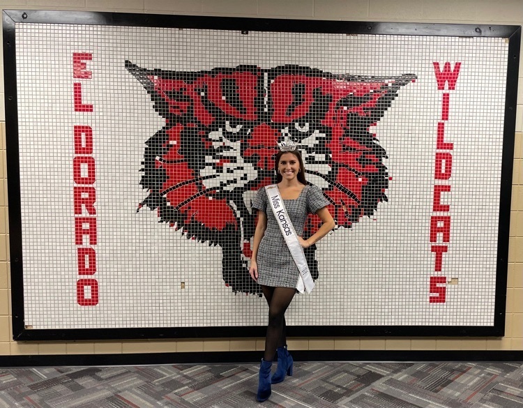 Miss Kansas stands in front of our EHS Wildcat mosaic