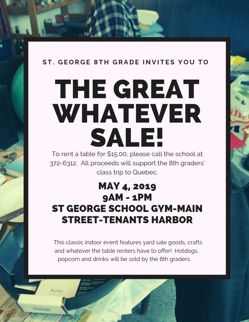 Flyer for the Great Whatever Sale on Saturday May 4th from 9am - 1pm in the St. George School gym.