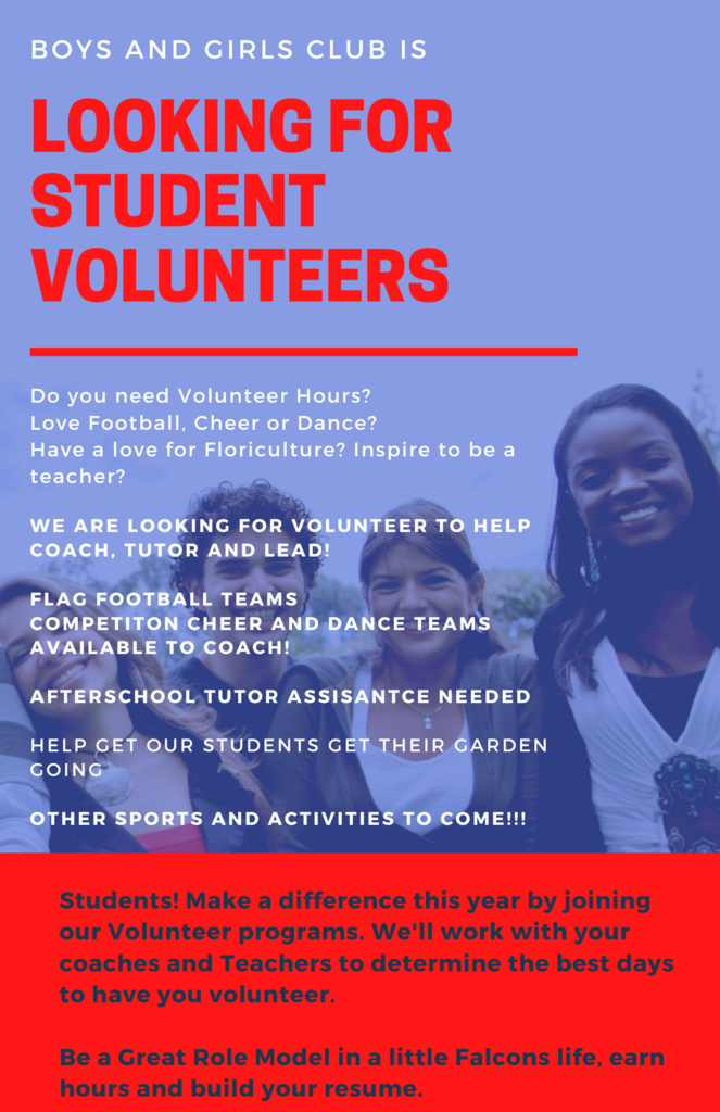 Does your little Falcon like cheer, dance, and/or football? Are you interested in volunteer opportunities? Check out the attached flyers for three exciting opportunities at the Royal Boys & Girls Club! Questions? Email royalmem@bgcgh.org or stop by the club!