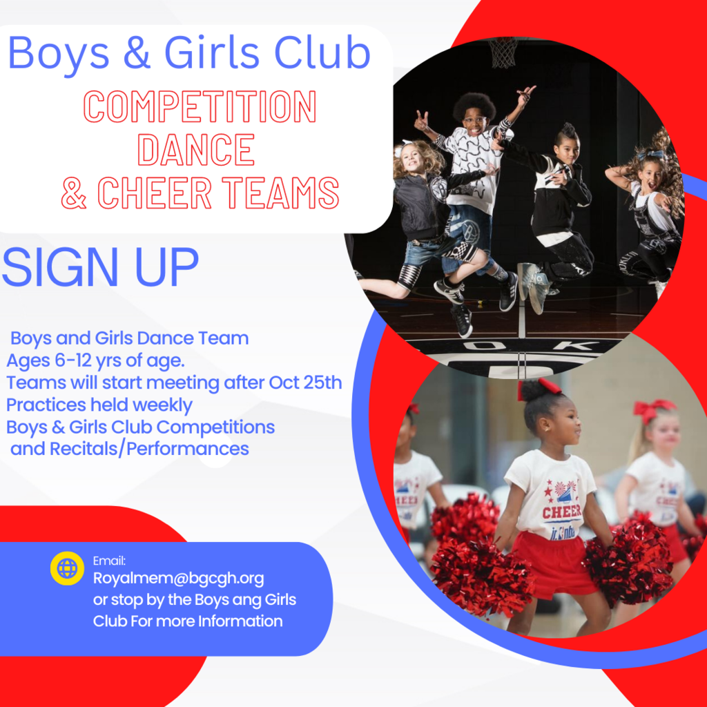 Does your little Falcon like cheer, dance, and/or football? Are you interested in volunteer opportunities? Check out the attached flyers for three exciting opportunities at the Royal Boys & Girls Club! Questions? Email royalmem@bgcgh.org or stop by the club!