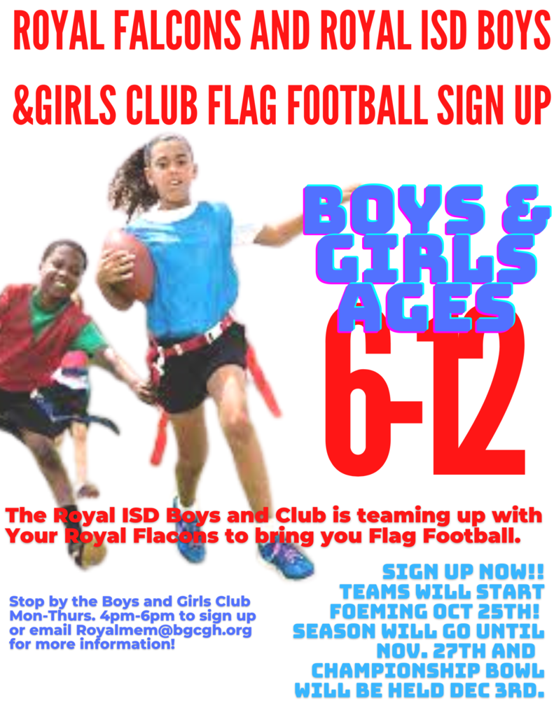 Does your little Falcon like cheer, dance, and/or football? Are you interested in volunteer opportunities? Check out the attached flyers for three exciting opportunities at the Royal Boys & Girls Club! Questions? Email royalmem@bgcgh.org or stop by the club!
