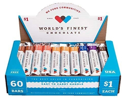 A blue box containing 60 World's Finest Chocolate bars