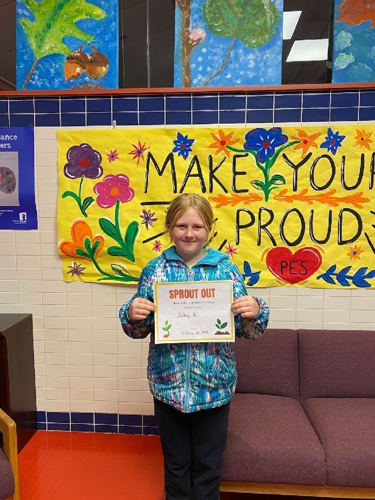 Adley with her Sprout Out certificate.