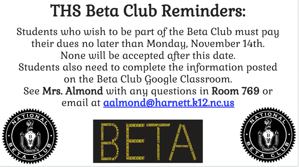 Beta Club Dues by Nov. 14th