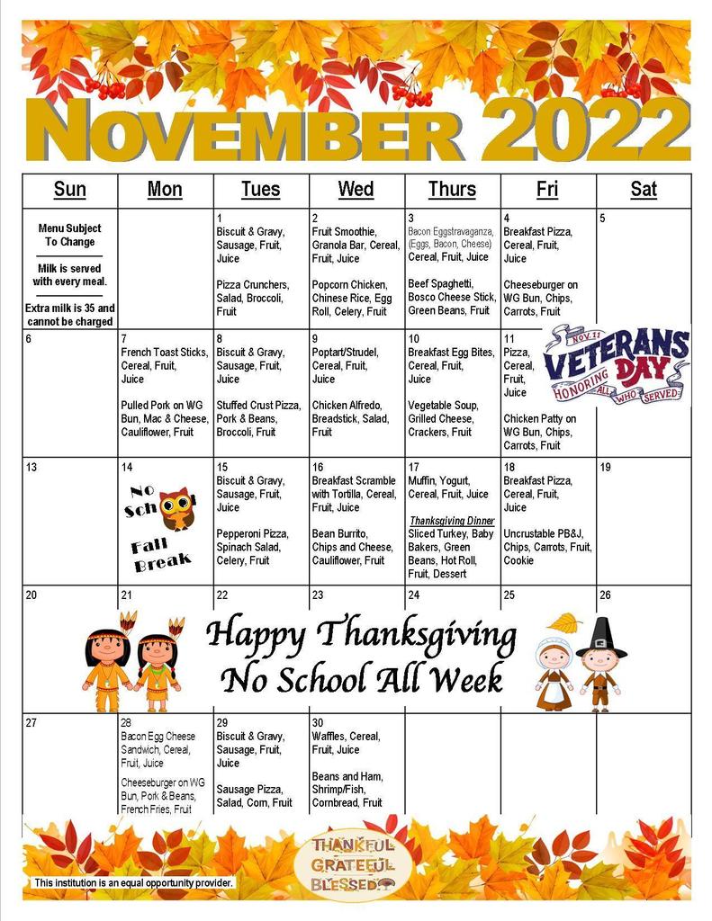 November 2022 Menu