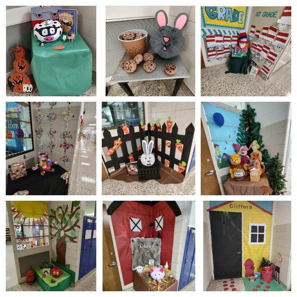 Top L to R: Mrs. Koepp's Preschool, Mrs. Popowski's 1st Grade, and Mrs. Nordgaard/Mrs. Gorder's 1st Grade Middle L to R: Mrs. Drietz's 2nd Grade, Mrs. Crowley's 2nd Grade, and the paraprofessionals' display Bottom L to R: Mr. Richter's 3rd Grade, Mrs. Slaba's 3rd Grade, and Mrs. Gorder's 6th Grade