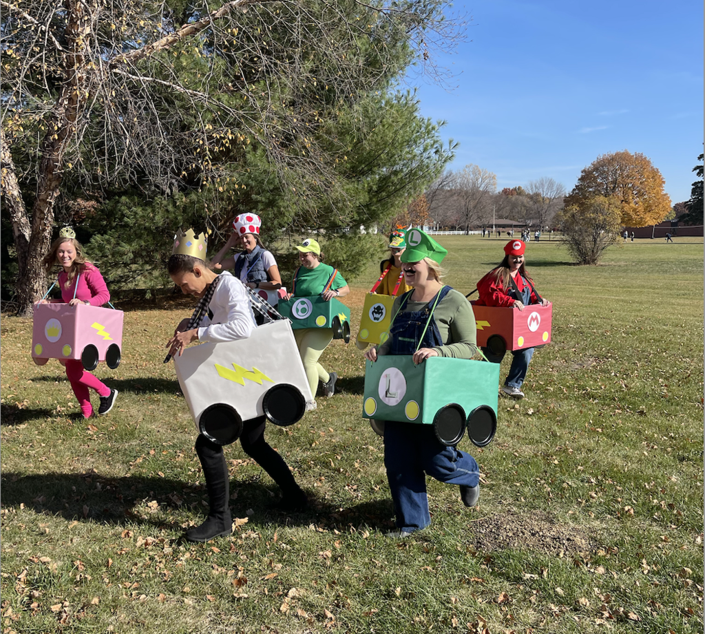 Staff dressed as Mario Kart action shot