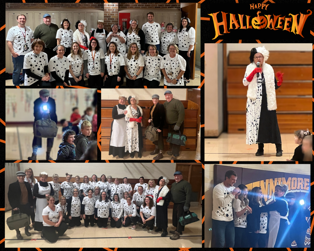 a collage of pictures of teachers and principal dressed up as Cruella and pups