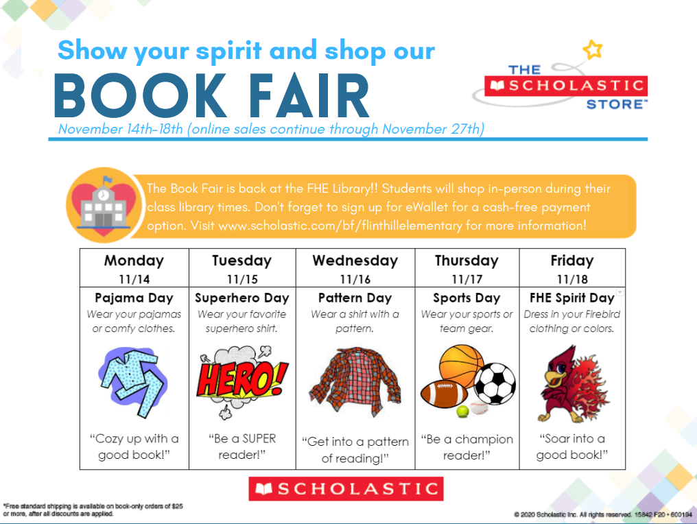 List of spirit days. M= PJs, Tu=Superhero shirt, W=patterned shirt, Th=sports/team gear, F=Firebird Spirit day